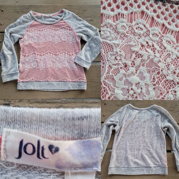 M JOLT crocheted lace overlay pink white gray sweatshirt top Nordstrom MEDIUM - Picture 1 of 6